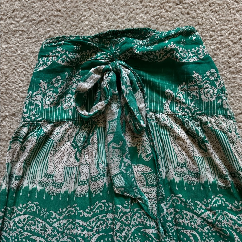 Green Elephant Print Convertible Maxi Skirt / Strapless Summer Dress (XS–S)
